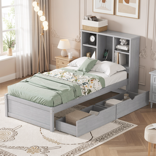Sunvega Modern Twin Size Bed Frame With USB Port Bookcase Headboard and 2 Drawers