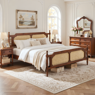 Sunvega King Pine Wooden Bed with Rattan Headboard and Footboard, Walnut