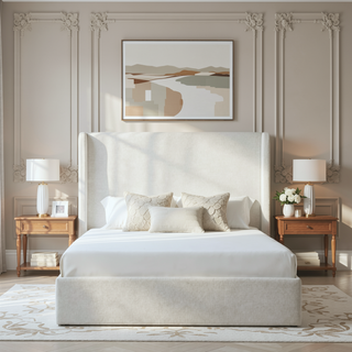 Sunvega Minimalist Upholstered Wingback Bed Frame with 54 Inch Headboard in Textured Ivory Canvas Chenille