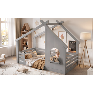 Sunvega White Twin House Floor Bed with Window and Shelf for Kids Room