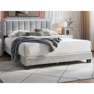 Sunvega Light Gray Wool Upholstered Queen Size Bed with Channel Tufting and LED Headboard