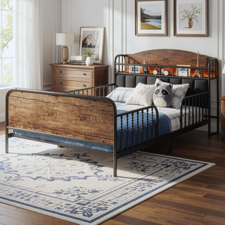 Sunvega Kids Full Metal Bed with Upholstered Headboard LED Lights and Storage
