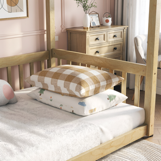 Sunvega Twin Size Canopy Frame Floor Bed with Guardrails and Natural Wood