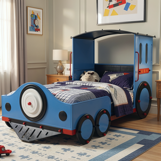 Sunvega Tobi Blue Red Black Finish Twin Metal Bed with Padded Headboard Slat System