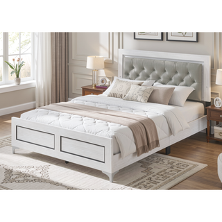 Sunvega Queen Bed with LED Light Padded Headboard in Grey and White Synthetic Leather