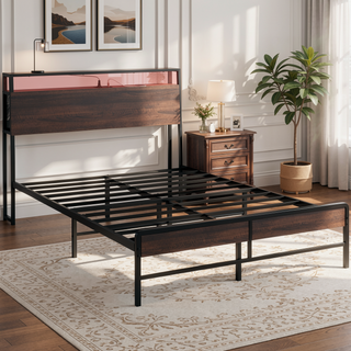 Sunvega Full Size Bed Frame with LED Lights Headboard Charging Station and Storage Shelf