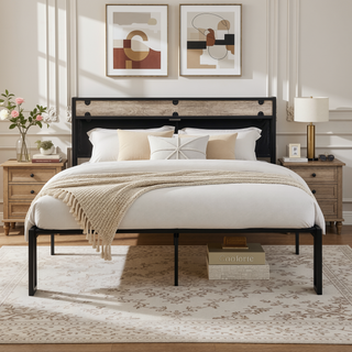 Sunvega Full Size Metal Platform Bed Frame with Upholstery Storage Headboard and Footboard