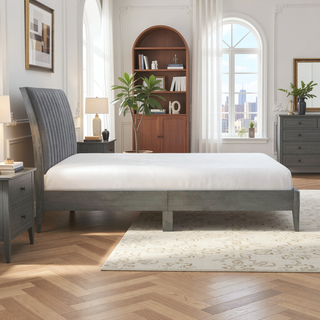 Sunvega Modern Velvet Upholstered Queen Platform Bed with Gray Wood Legs