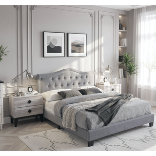Sunvega European Queen Size Bed with Button Tufted Headboard and Charcoal Finish