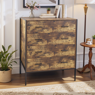 Sunvega Industrial Rustic Brown Wood Dresser with 4 Drawers and Steel Frame