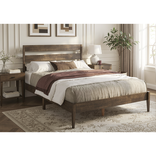 Sunvega Modern Walnut Wood Queen Size Platform Bed Frame with Slatted Headboard