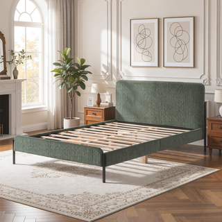 Sunvega Queen Upholstered Bed with Channeled Headboard and Sturdy Metal Frame