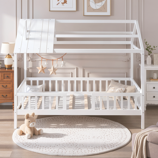Sunvega White Twin Size Wood House Playhouse Bed with Fence for Kids Room