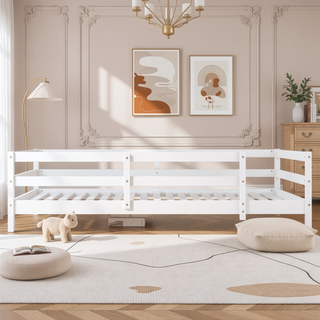 Sunvega Full Size Floor Bed with Fence for Kids Made of Sturdy Pine Wood