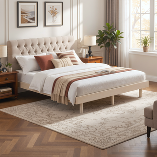 Sunvega Modern Floating Platform Bed Frame in Walnut with Sturdy Wood Construction