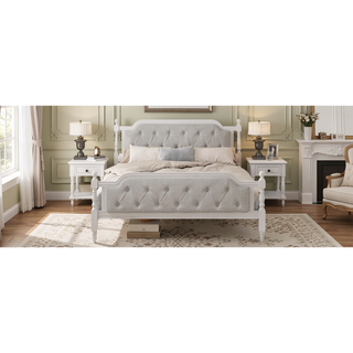 Sunvega French Provincial Style Solid Wood Bed Frame with Tufted Headboard
