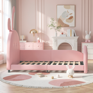 Sunvega Twin Size Upholstered Rabbit-Shape Princess Platform Bed with Headboard