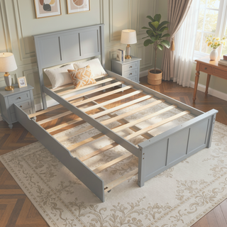 Sunvega Twin Size Platform Bed with Trundle in Espresso Made of Solid Wood