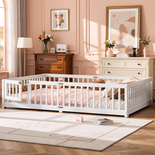 Sunvega Twin Size Floor Bed with Safety Guardrails and Door for Kids in Natural
