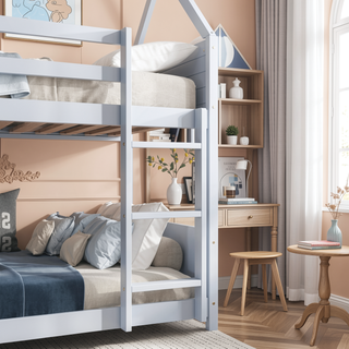 Sunvega Twin Over Twin House Floor Bunk Bed with Headboards Footboards Guardrails and Ladder