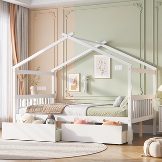 Sunvega Twin Size Wooden House Bed with Drawers and Headboard for Kids Room