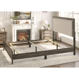 Sunvega Brown Cherry Finish Contemporary Fabric Panel Bed in One Box
