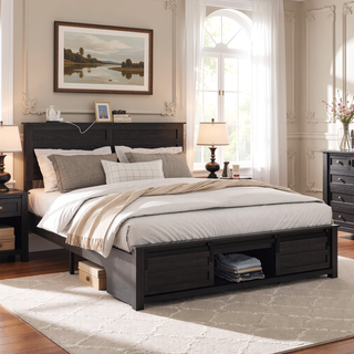 Sunvega Queen Bed Frame with Upholstered Headboard and LED Lighting Charging Station