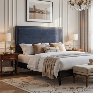 Sunvega Navy Queen Upholstered Headboard with Metal Trim and Modi Plates