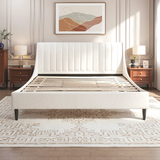 Sunvega Handmade Vertical Tufted Headboard Platform Bed Set in Light Beige Linen