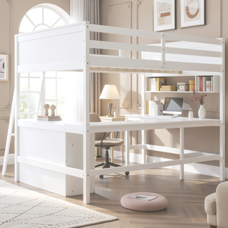 Sunvega Sturdy Pine Wood Loft Bed with Desk and Bookshelves for Space Saving
