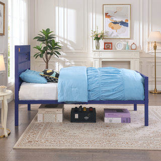 Sunvega Blue Twin Platform Bed with Panel Headboard and Low Profile Footboard