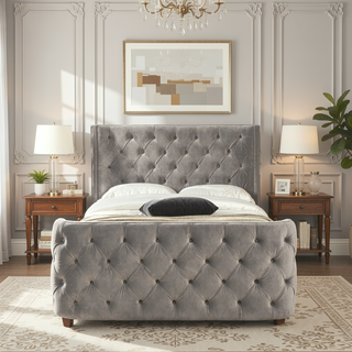 Sunvega Brooklyn King Tufted Panel Bed Headboard and Footboard Set in Caramel Tan Brown