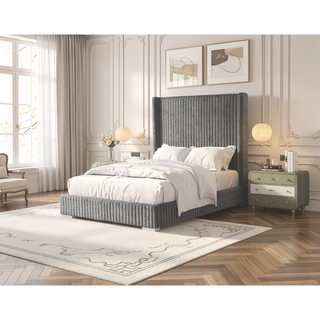 Sunvega Contemporary White Fur Chenille Fabric Mattress Ready Queen Size Bed