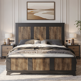 Sunvega White Farmhouse Queen Platform Bed with Wooden Strip Decoration and Plywood Slats