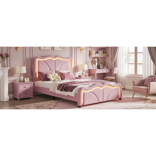 Sunvega Pink Twin Size Upholstered Bed with Height-Adjustable Headboard and LED Light Strips