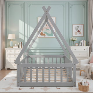 Sunvega Twin Tent Teepee Bed with Guardrails Slats in Grey