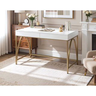 Sunvega White High Gloss Vanity Desk with Gold Finish and 2 Storage Drawers