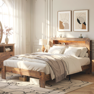 Sunvega King Size Wood Platform Bed Frame with Storage Headboard USB Charging and LED Light