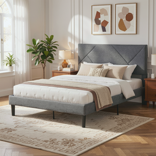 Sunvega King Size Upholstered Platform Bed with Button Tufted Linen Headboard