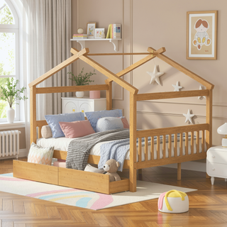 Sunvega Twin Size Wooden House Bed with Drawers and Headboard for Kids Room