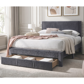 Sunvega Modern Charcoal Corduroy Upholstered Queen Size Platform Bed with Storage Drawer