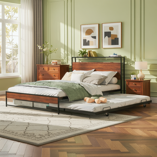 Sunvega Modern Metal Platform Bed Frame with Trundle USB Ports and Shelf