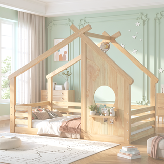 Sunvega White Twin House Floor Bed with Window and Shelf for Kids Room