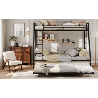 Sunvega High-Stability Square Tube Bunk Bed with Ladder & Rolling Trundle for Home Dormitory