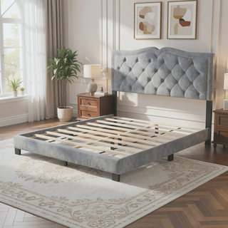 Sunvega Queen Size Upholstered Platform Bed with Tufted Velvet Headboard and Rivet Accents