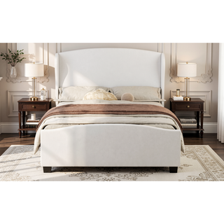 Sunvega Queen Size Linen Upholstered Wingback Bed with 51" High Headboard No Box Spring Needed