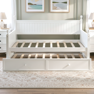 Sunvega White Twin Size Pine Wood Daybed with Three Storage Drawers and Slatted Panels