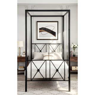 Sunvega Black Finish Twin Platform Bed Canopy Metal Frame Modern Traditional