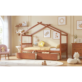 Sunvega Twin Size Wooden House Bed with Drawers and Headboard for Kids Room