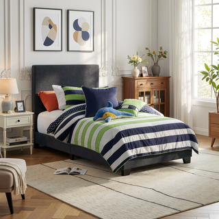Sunvega Low Profile Leatherette Upholstered Twin Panel Bed with Stitched Details